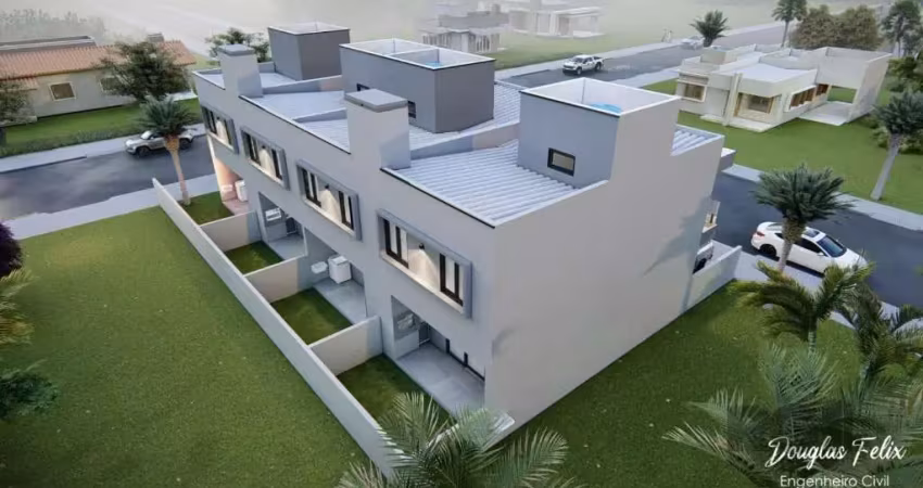 Sobrado de  esquina  em construção com três dormitórios sendo uma suite , sala de estar e jantar integrados , area fechada com churrasqueira . vaga para 1 carro .