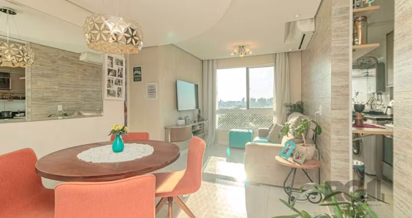 Apartamento mobiliado com 2 dormitórios sendo 1 suíte, living para dois ambientes com vista livre, banheiro social com móveis sob medida, cozinha com churrasqueira e área de serviço e 1 vaga de garage