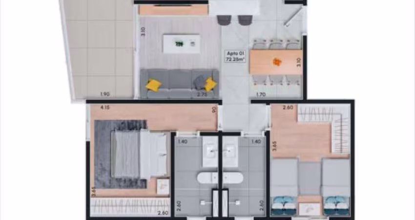 Unidade 1° andar - Apto 2dorm/1suíte- 72,25m² - Indaia - Caraguatatuba-SP