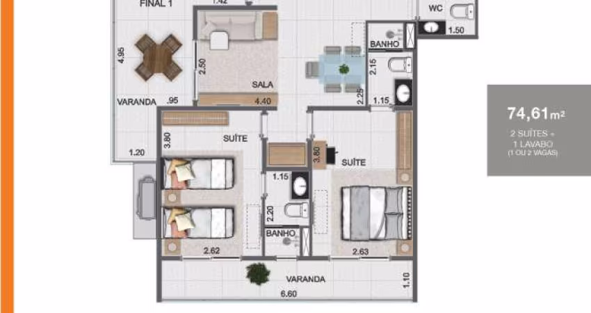 Unidade 2º andar - Apto 2dorm/2Suíte - 74,61m² - Aruan - Caraguatatuba-SP