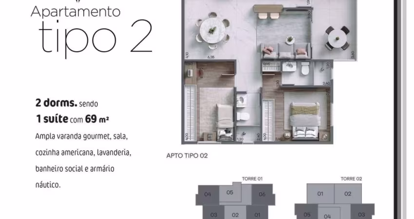 Unidade 1º andar - Apto 2dorm/1Suíte - 69,00m²- Praia das Palmeiras - Caraguatatuba-SP