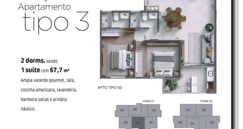Unidade 1º andar - Apto 2dorm/1Suíte - 67,50m²- Praia das Palmeiras - Caraguatatuba-SP