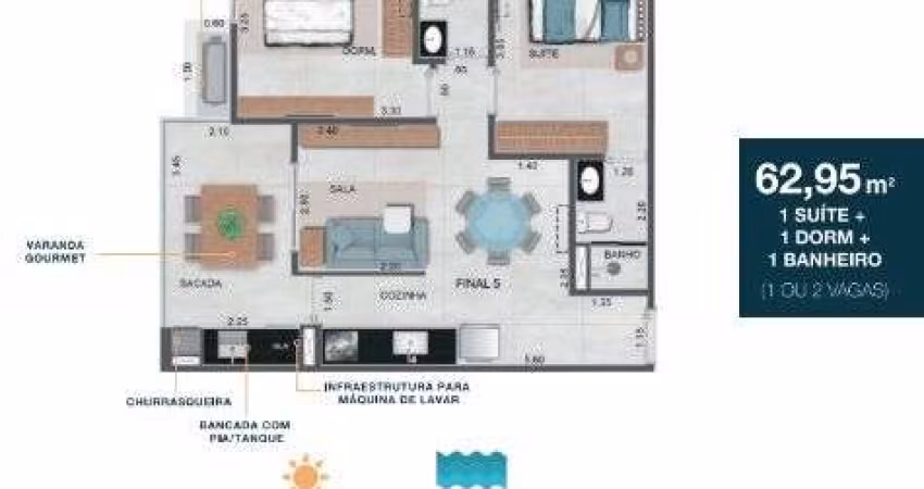 Unidade 1º andar - Apto 2dorm/1Suíte - 62,95m² - Martin de Sá - Caraguatatuba-SP