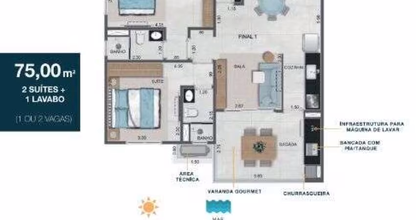 Unidade 1º andar - Apto 2dorm/2Suíte - 75,00m² - Martin de Sá - Caraguatatuba-SP