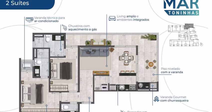 Apto 2dorm/2suítes - 76,71m² - Praia das Toninhas, Ubatuba-SP