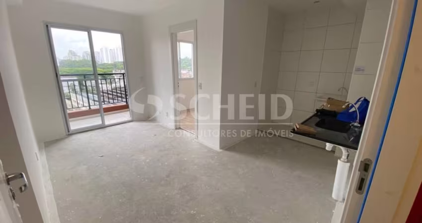 Apartamento novo com 2 quartos, varanda e vaga de garagem.
