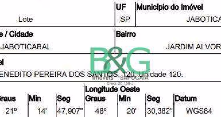 Terreno à venda, 2 m² por R$ 376.108,04 - Jardim Alvorada - Jaboticabal/SP