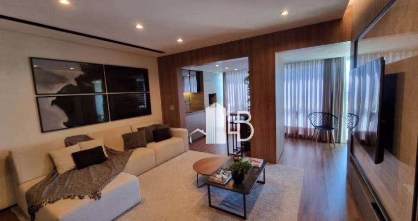 Apartamento com dois quartos e varanda gourmet completa.