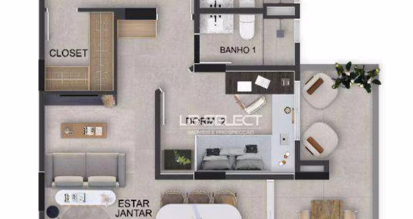 Apartamento no bairro Gávea com dois quartos, suíte com closet e varanda.