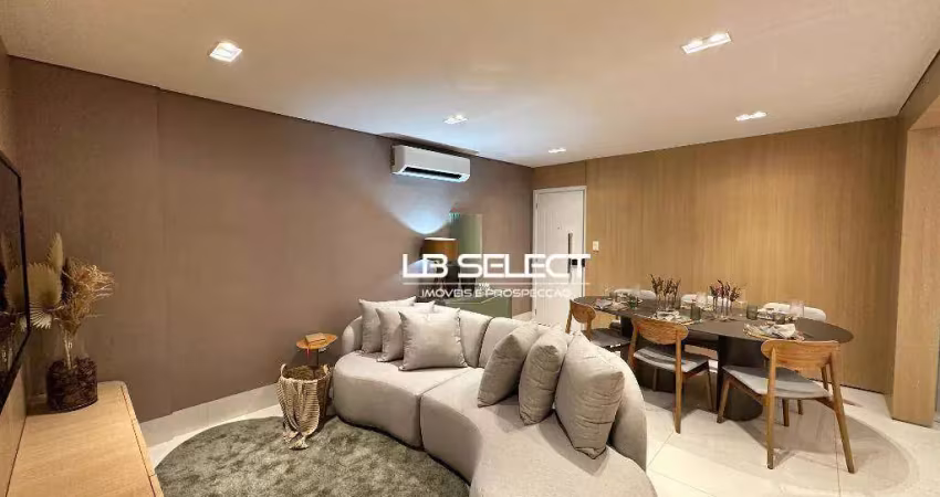 Apartamento com três quartos, uma suíte, varanda gourmet e duas vagas de garagem.