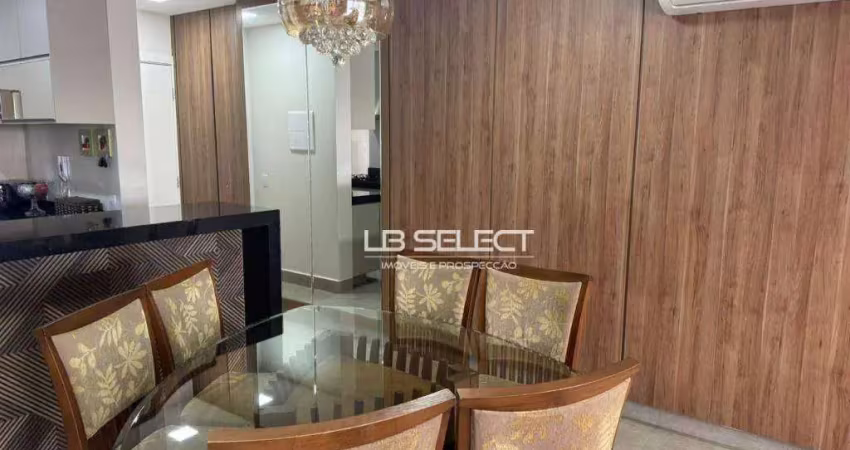 Apartamento com três suítes, sala, cozinha, vaga para dois carros e área de lazer completa.