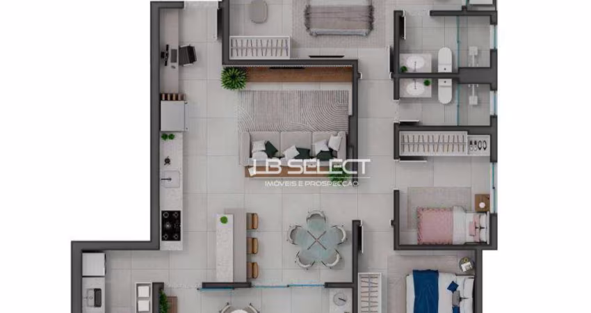 Apartamento com dois quartos, suíte com closet e varanda gourmet com churrasqueira.