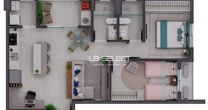 Apartamento com dois quartos, suíte e varanda gourmet.