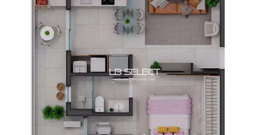 Apartamento com um quarto, banheiro e varanda gourmet.