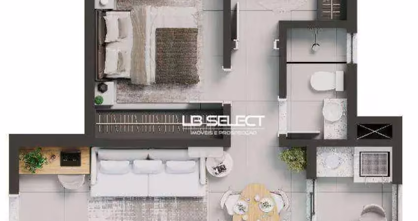 Apartamento com dois quartos, uma suite, banheiro social, sala, cozinha e varanda gourmet (opcional).