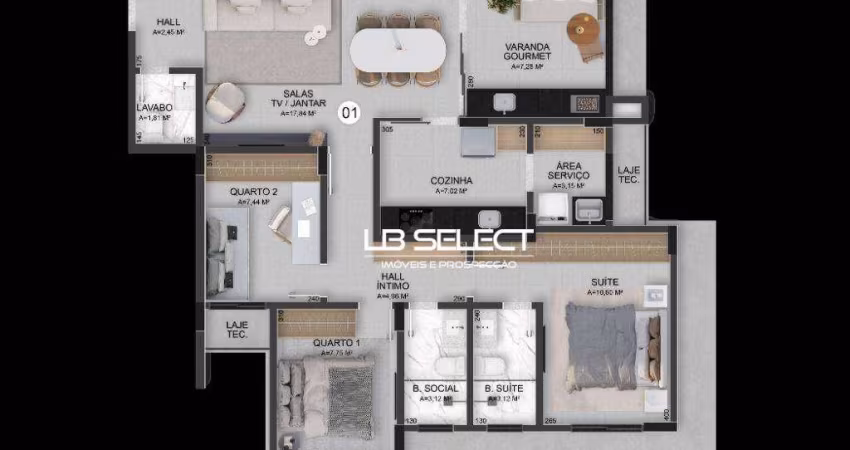 Apartamento com três quartos, uma suite, sala em dois ambientes, varanda gourmet e duas vagas de garagem.