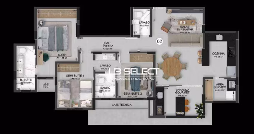 Apartamento com dois quartos, duas suites, sala em dois ambientes e varanda gourmet.