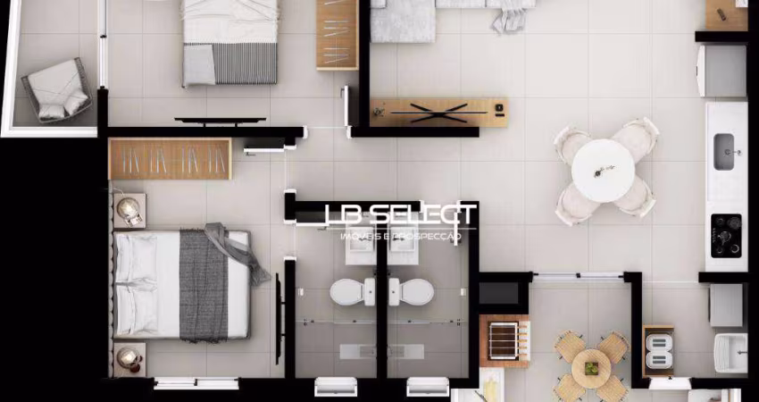 Apartamento com dois quartos, uma suite, sacada e área gourmet.