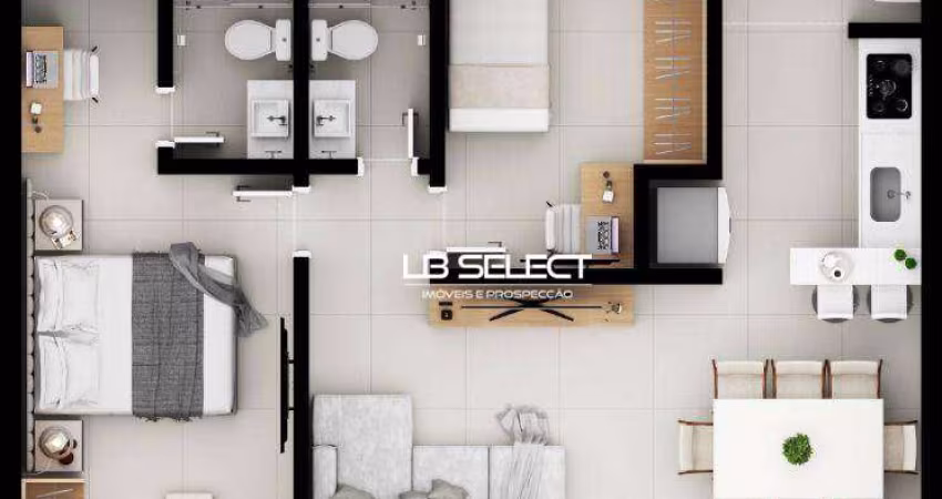 Apartamento com dois quartos, uma suite e vaga para dois carros.