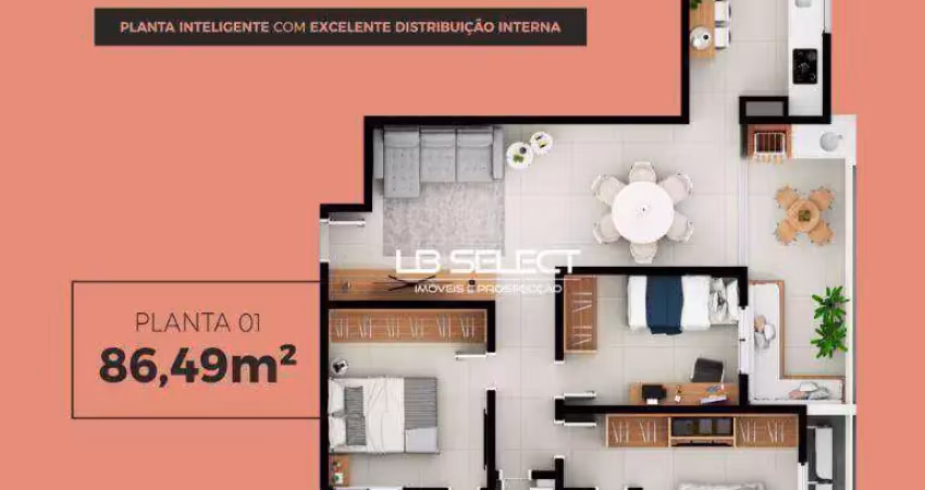 Apartamento com três quartos, duas suites e área gourmet.