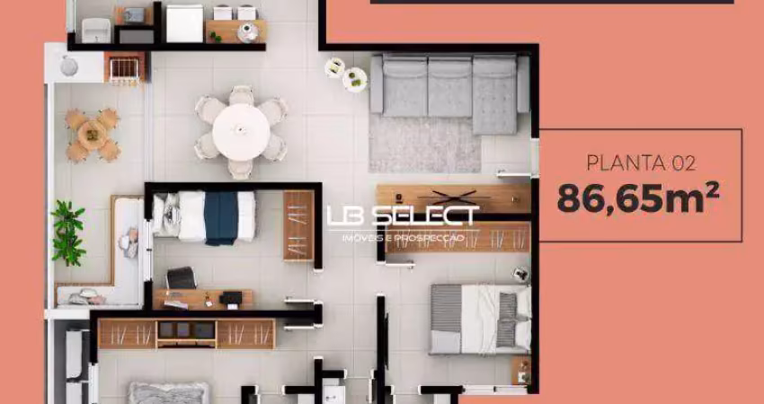Apartamento com três quartos, duas suites, e área gourmet.