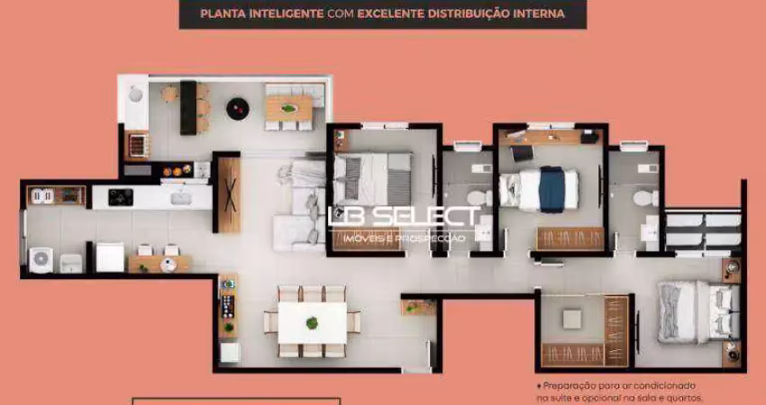 Apartamento com três quartos, uma suite e varanda gourmet.
