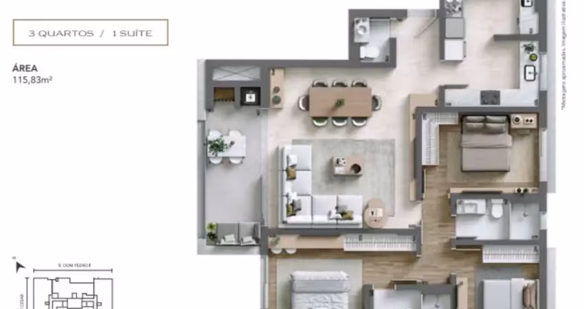 Apartamento de 03 dormitórios com 02 vagas de garagem cobertas
