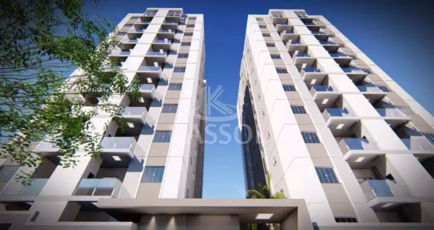 Apartamento com 02 quartos, sacada com churrasqueira, sala e cozinha integrada e banheiro social.