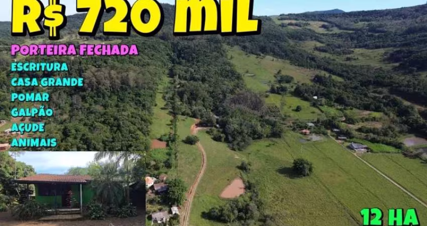 [849] CHÁCARA EM TAQUARA 12 HA, ESCRITURADA E DE PORTEIRA FECHADA, CASA, GALPÃO, AÇUDE. ROÇA, POMAR