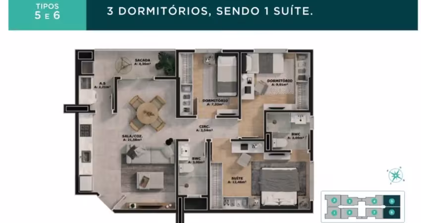 Exclusividade!! 3 dormitórios, sendo 01 suíte + 02 vagas de garagem