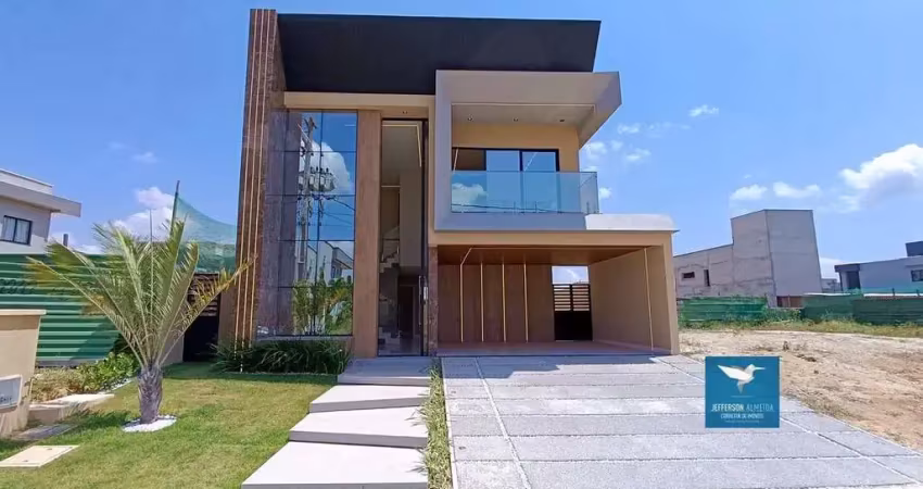 Casa duplex nova com belíssimo projeto arquitetônico, varanda gourmet e piscina privativos, lote próximo a praça e ao clube house no terras alphaville 04, 240m2, 04 suítes, master com closet, 04 vagas