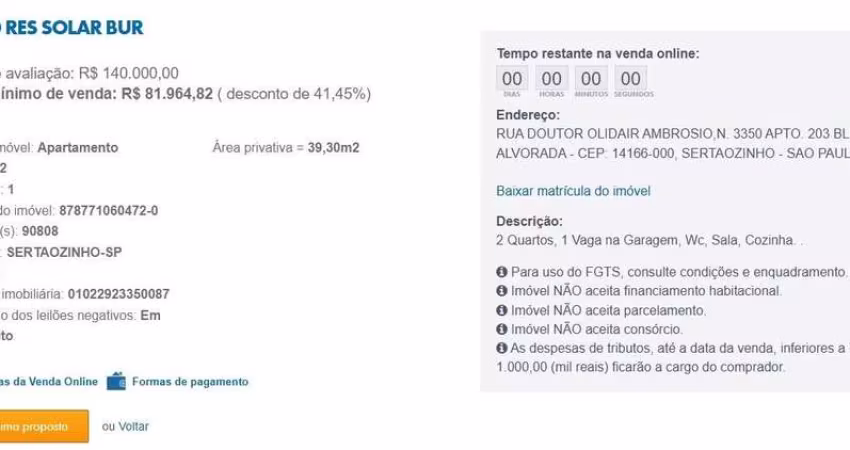 Apartamento para Venda em Sertãozinho, Alvorada, 2 dormitórios, 1 banheiro, 1 vaga