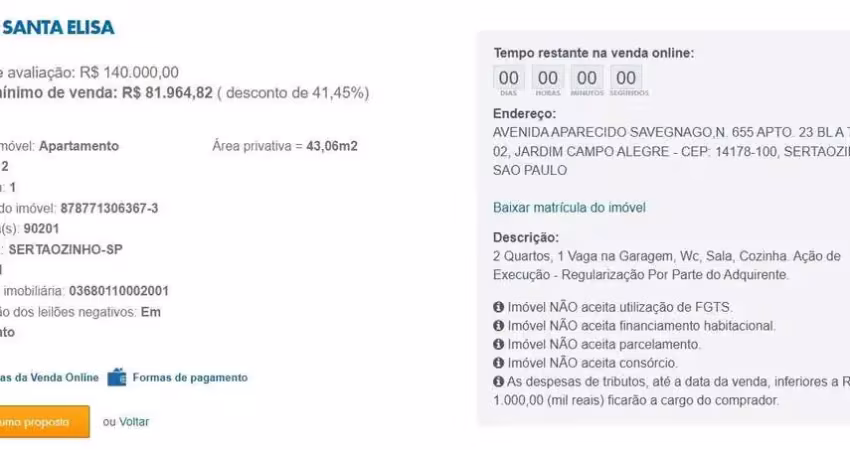 Apartamento para venda em sertãozinho, jardim campo alegre, 2 dormitórios, 1 banheiro, 1 vaga