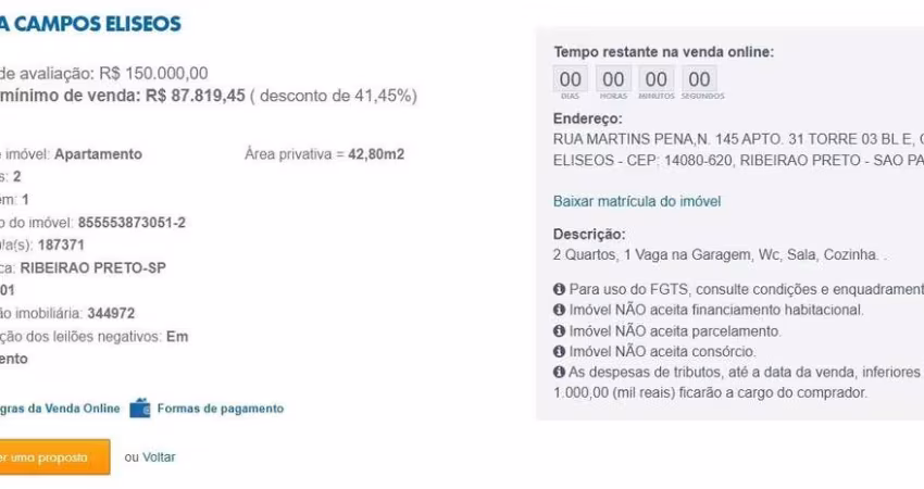 Apartamento para Venda em Ribeirão Preto, Campos Elíseos, 2 dormitórios, 1 banheiro, 1 vaga