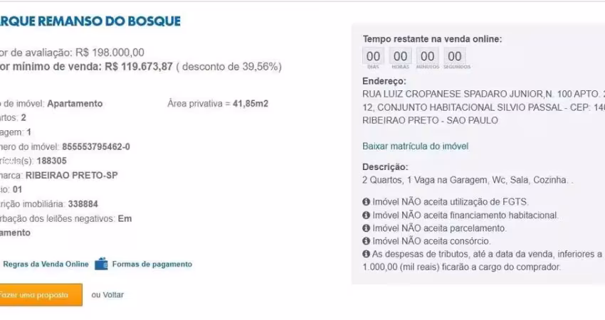 Apartamento para venda em ribeirão preto, conjunto habitacional sílvio passalacqua, 2 dormitórios, 1 banheiro, 1 vaga