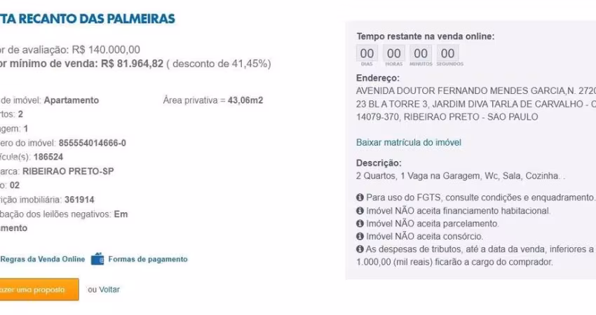 Apartamento para Venda em Ribeirão Preto, Jardim Diva Tarlá de Carvalho, 2 dormitórios, 1 banheiro, 1 vaga