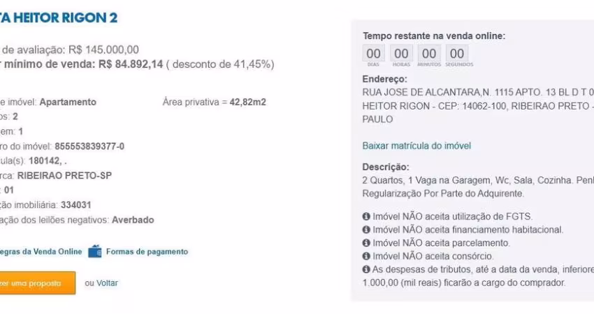 Apartamento para Venda em Ribeirão Preto, Jardim Heitor Rigon, 2 dormitórios, 1 banheiro, 1 vaga