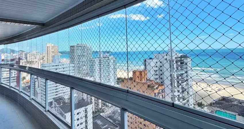 Apartamento mobiliado, vista definitiva para mar, 3 dormitórios, 1 suíte, 2 vagas, varanda gourmet perfeita para proporcionar bons momentos para sua família e amigos