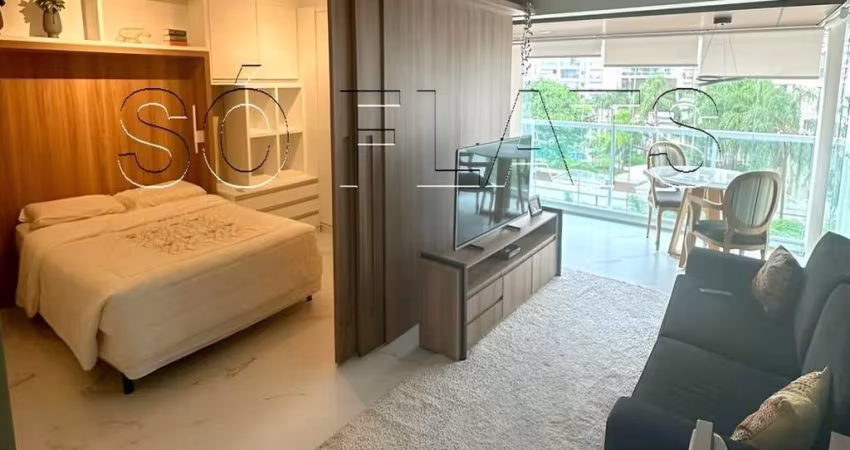 Flat para locação no Home Design, contendo 49m², 1 dormitório, 1 vaga de garagem e mobília completa.