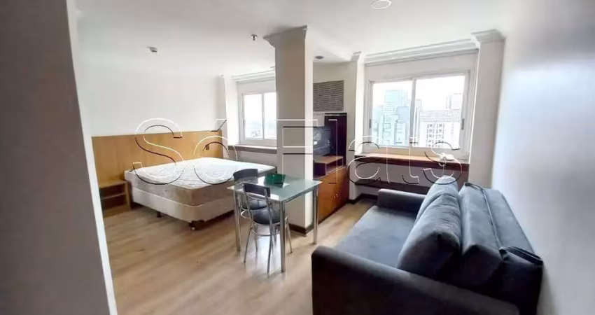 Flat no International Plaza com 29m², 1 dormitório e 1 vaga, disponível para locação no Jd Paulista.