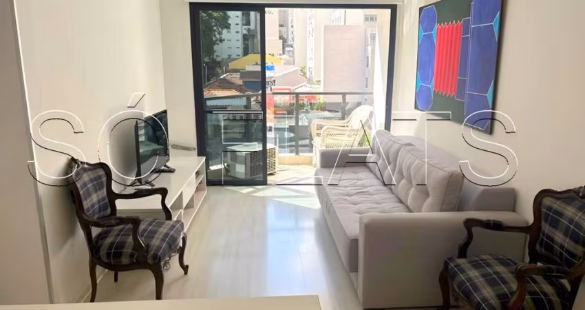 Flat totalmente mobiliado disponível para locação com 45m², 1 dormitório e 1 vaga.