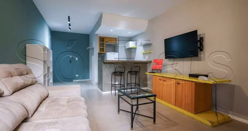 Flat a duas quadras da Av. Paulista, na parte mais arborizada dos Jardins, disponível para locação.