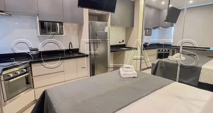 Studio apamas, flat disponível para locação contendo 28m² e 01 dormitório, localizado em moema.