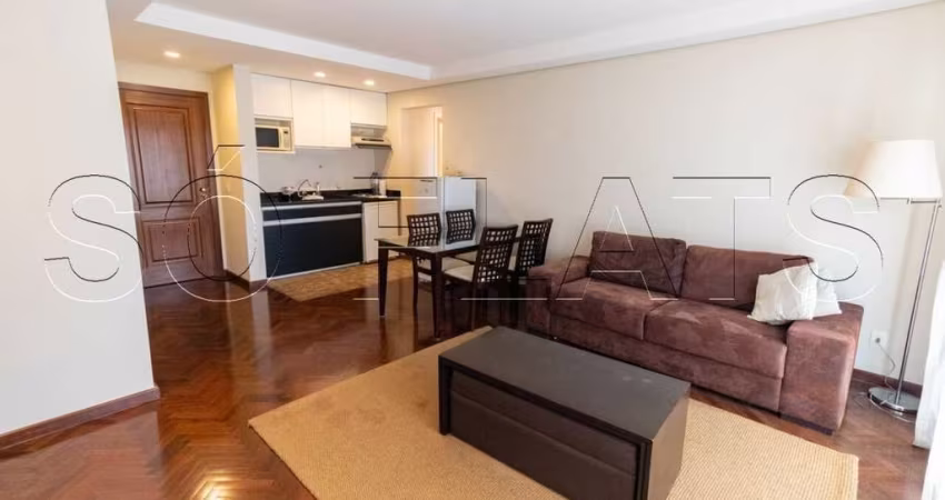 Flat em Pinheiros disponível para locação, contando com 52m², 1 dorm, totalmente mobiliado e 1 vaga.