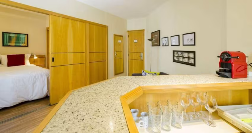 Hampton Park, flat com 31m² mobiliado com serviços de arrumação e vaga de garagem no Jardim Paulista
