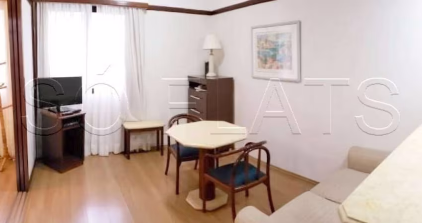 Flat mobiliado reformado, com 1 dormitório em andar alto no Jardim Paulista.