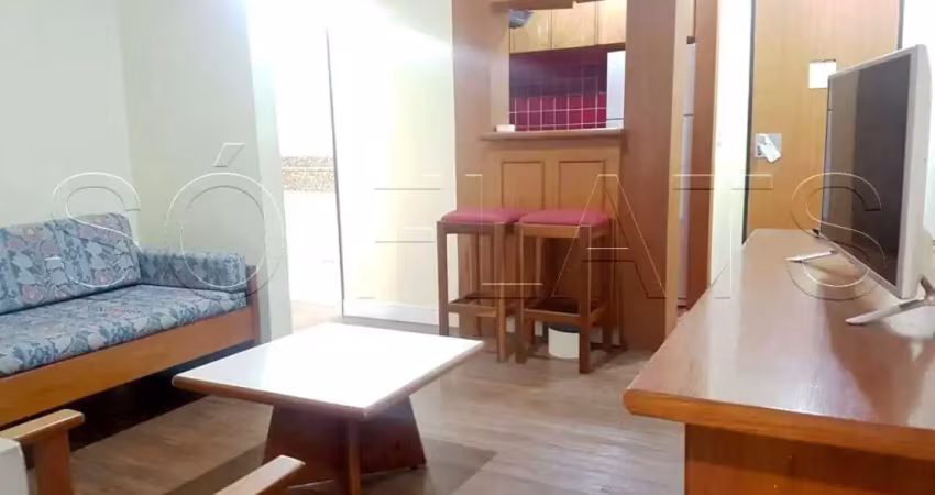 Flat mobiliado com 42m² com quarto, sala, cozinha completa e banheiro, a 200 m da Av. Paulista.