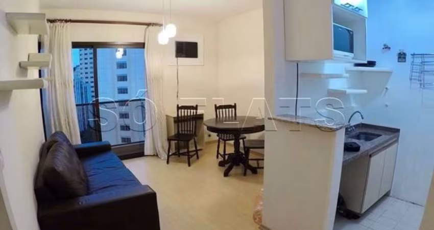 Flat de 42m²  mobiliado com 1 dormitório com quarto e sala separados.