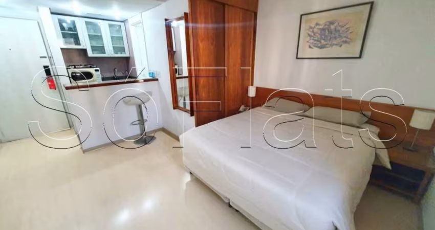 Flat totalmente equipado no Q.I. com 1 dormitório e 1 vaga em Moema disponível para locação