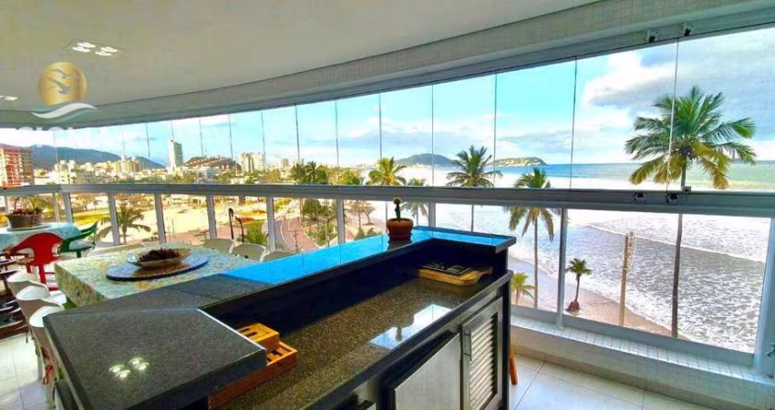 Apartamento de frente para o mar com 4 dormitórios e varanda gourmet em prédio com lazer e 3 vagas de garagem, Praia da Enseada - Guarujá.